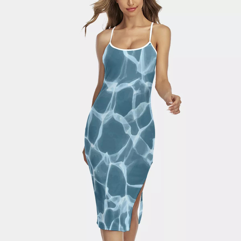 Women's 3D Digital Water Ripple Midi Dress - Side Slit Slim Fit Summer Cami Strap Dress
