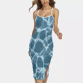 Women's 3D Digital Water Ripple Midi Dress - Side Slit Slim Fit Summer Cami Strap Dress