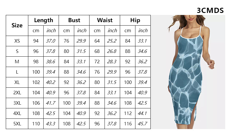 Women's 3D Digital Water Ripple Midi Dress - Side Slit Slim Fit Summer Cami Strap Dress