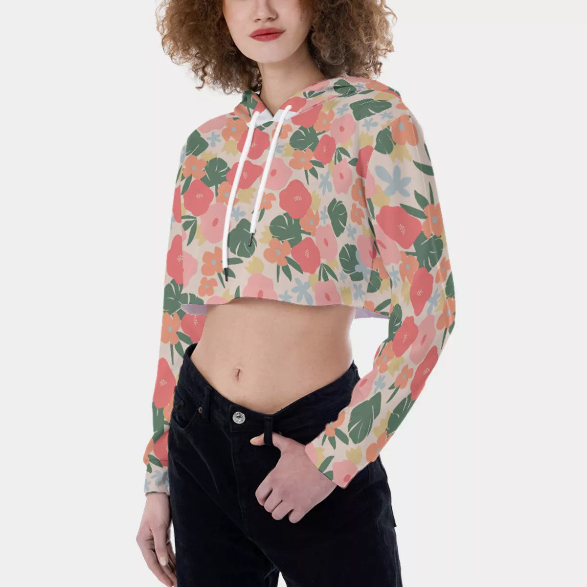 Women's 3D Digital Floral Crop Top Hoodie - Long Sleeve Slim Fit Summer Graphic Pullover