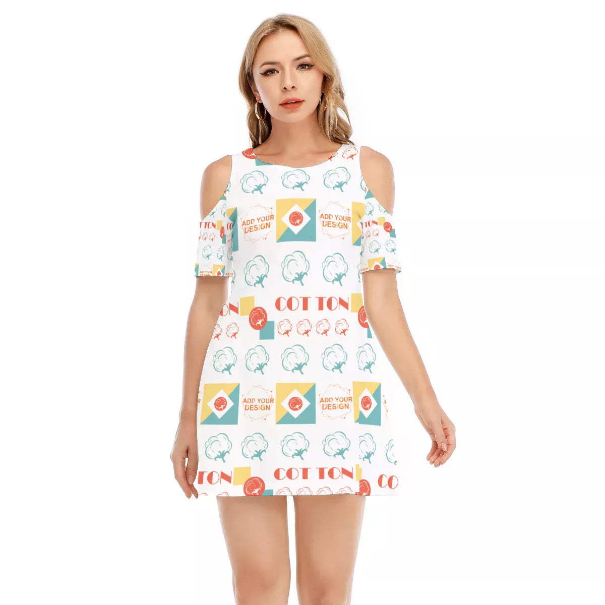 Women's 3D Digital Graphic Cold Shoulder Dress - Short Sleeve Slim Fit Mini Shift Dress