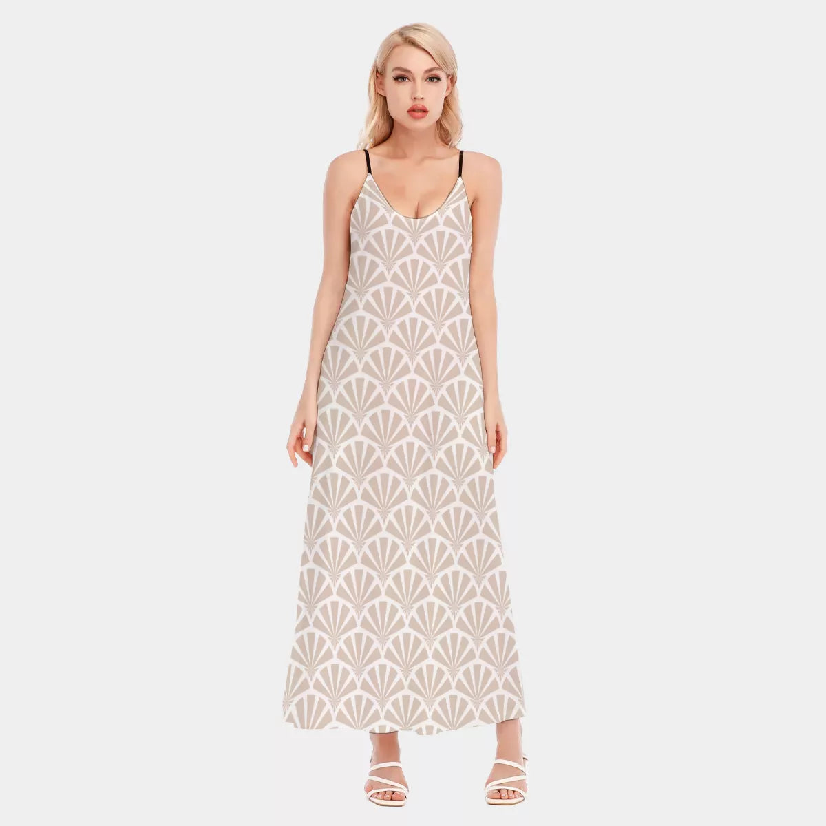 Women's 3D Digital Print Maxi Dress - V-Neck Spaghetti Strap Slim Fit Summer Slip Dress
