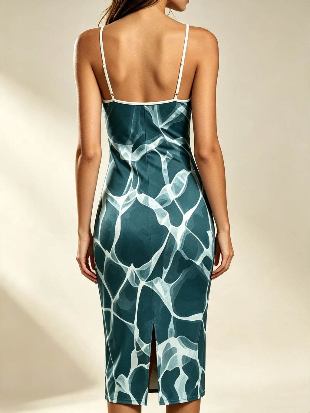 Women's Teal Abstract Water Ripple Print Midi Dress with Side Slit