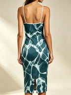Women's Teal Abstract Water Ripple Print Midi Dress with Side Slit