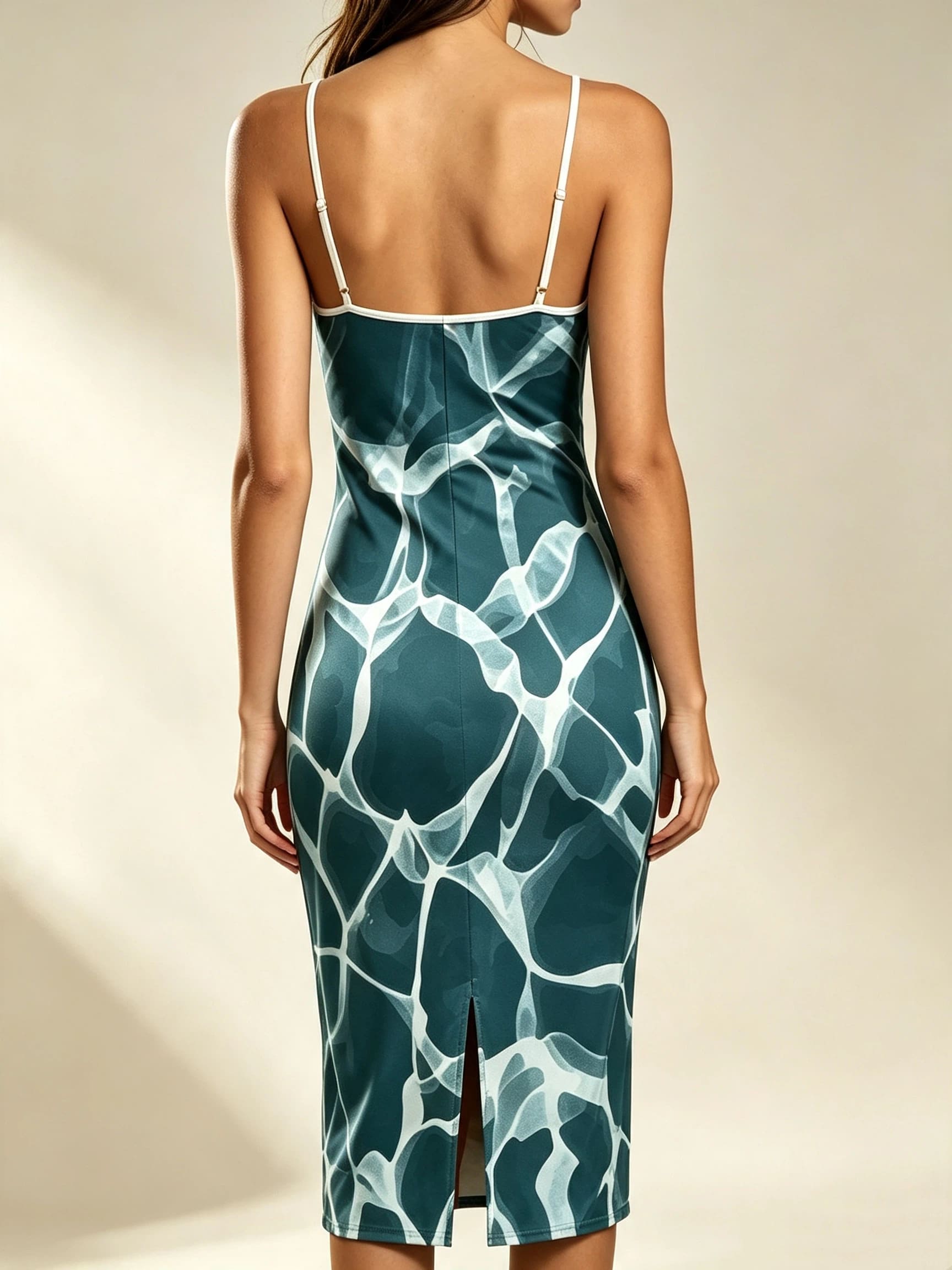 Women's Teal Abstract Water Ripple Print Midi Dress with Side Slit