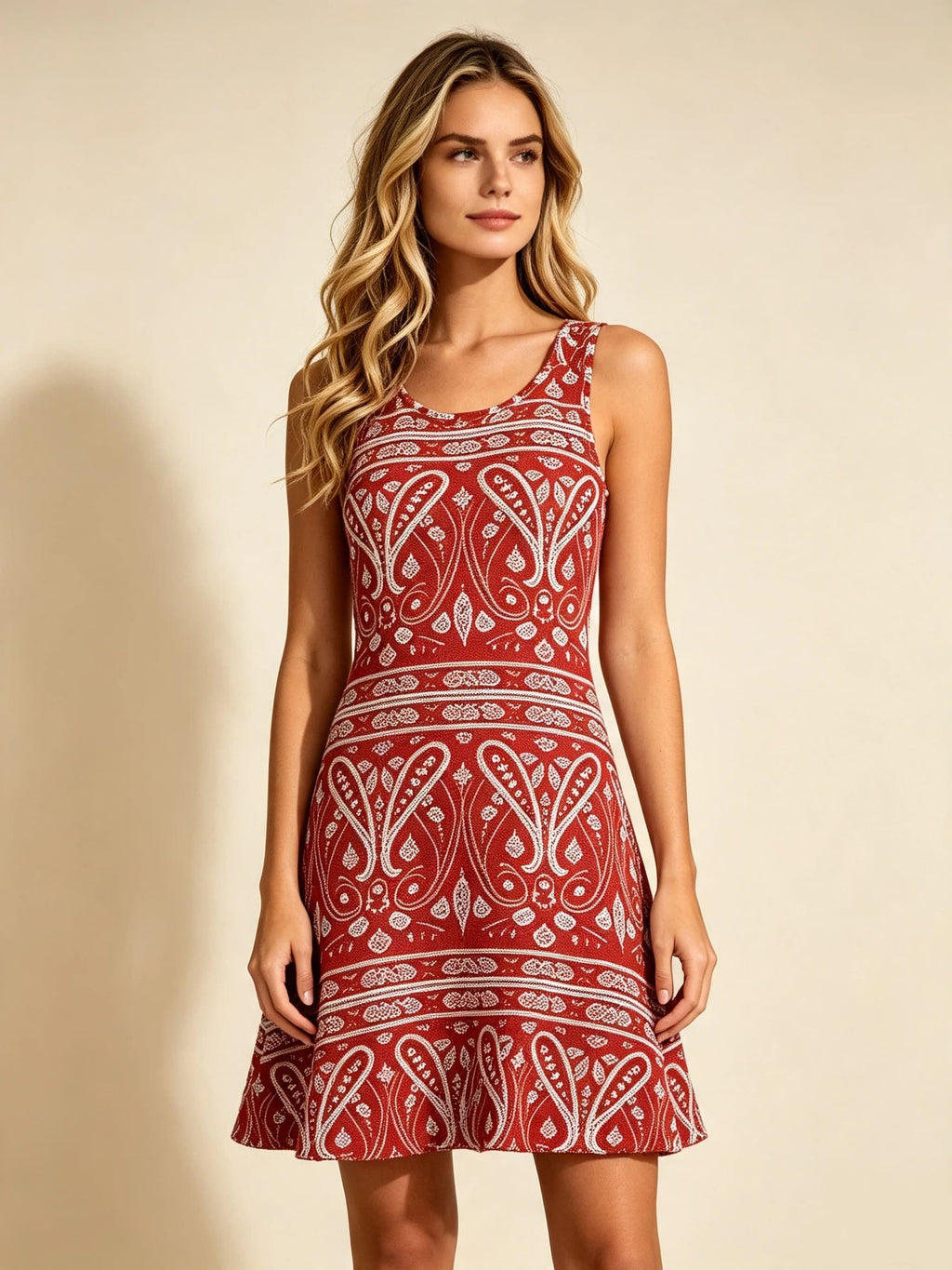 Women's Red Paisley Print Sleeveless A-Line Mini Dress