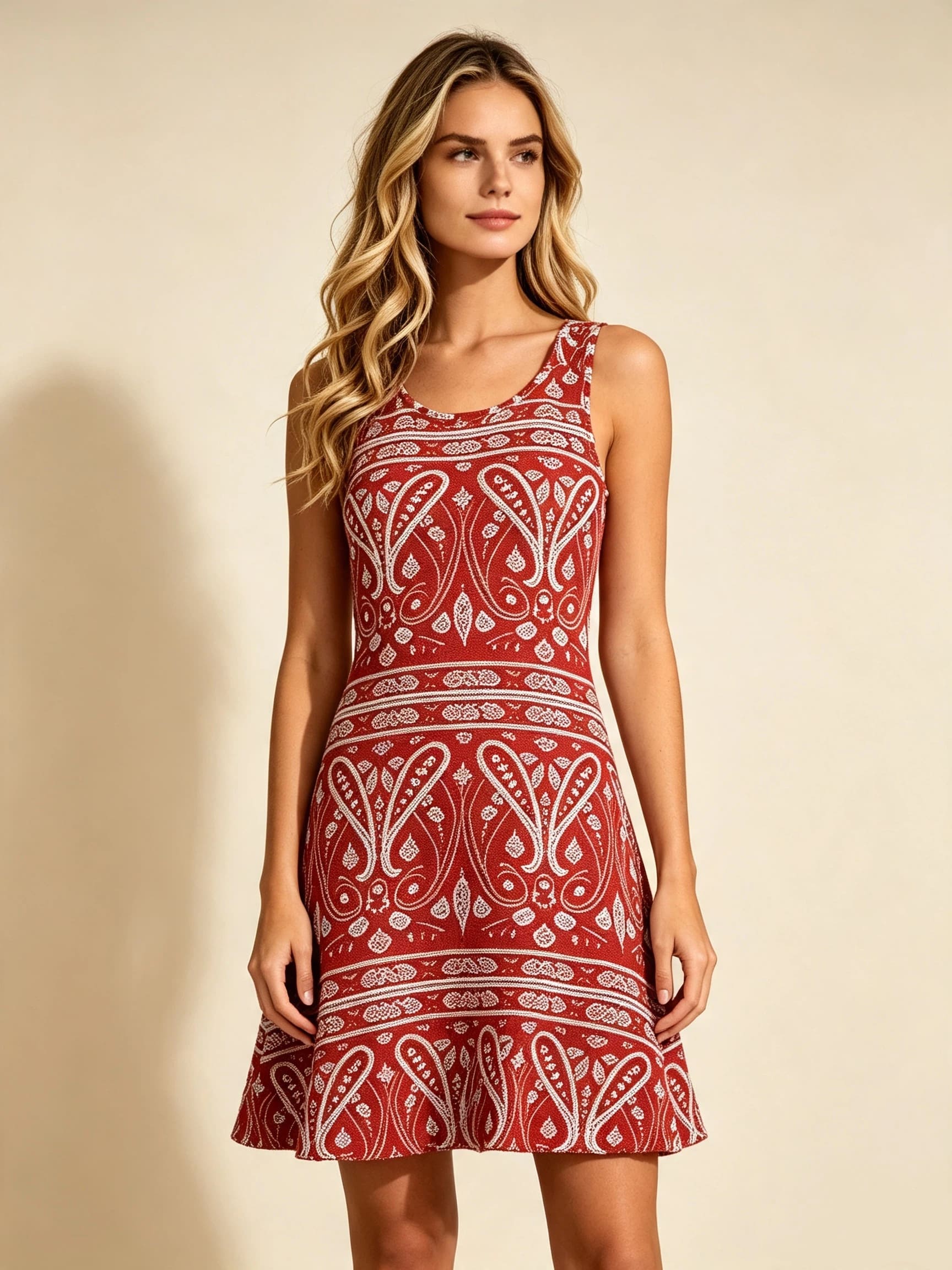 Women's Red Paisley Print Sleeveless A-Line Mini Dress