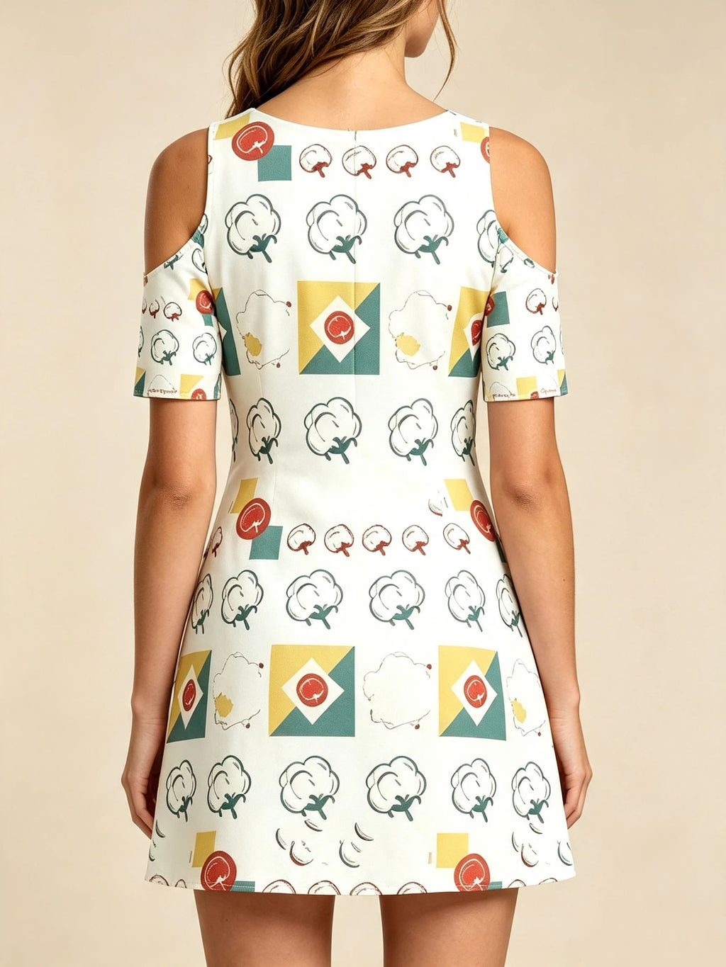 Women's White Multi-Color Print Cold Shoulder Mini Dress