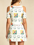 Women's White Multi-Color Print Cold Shoulder Mini Dress