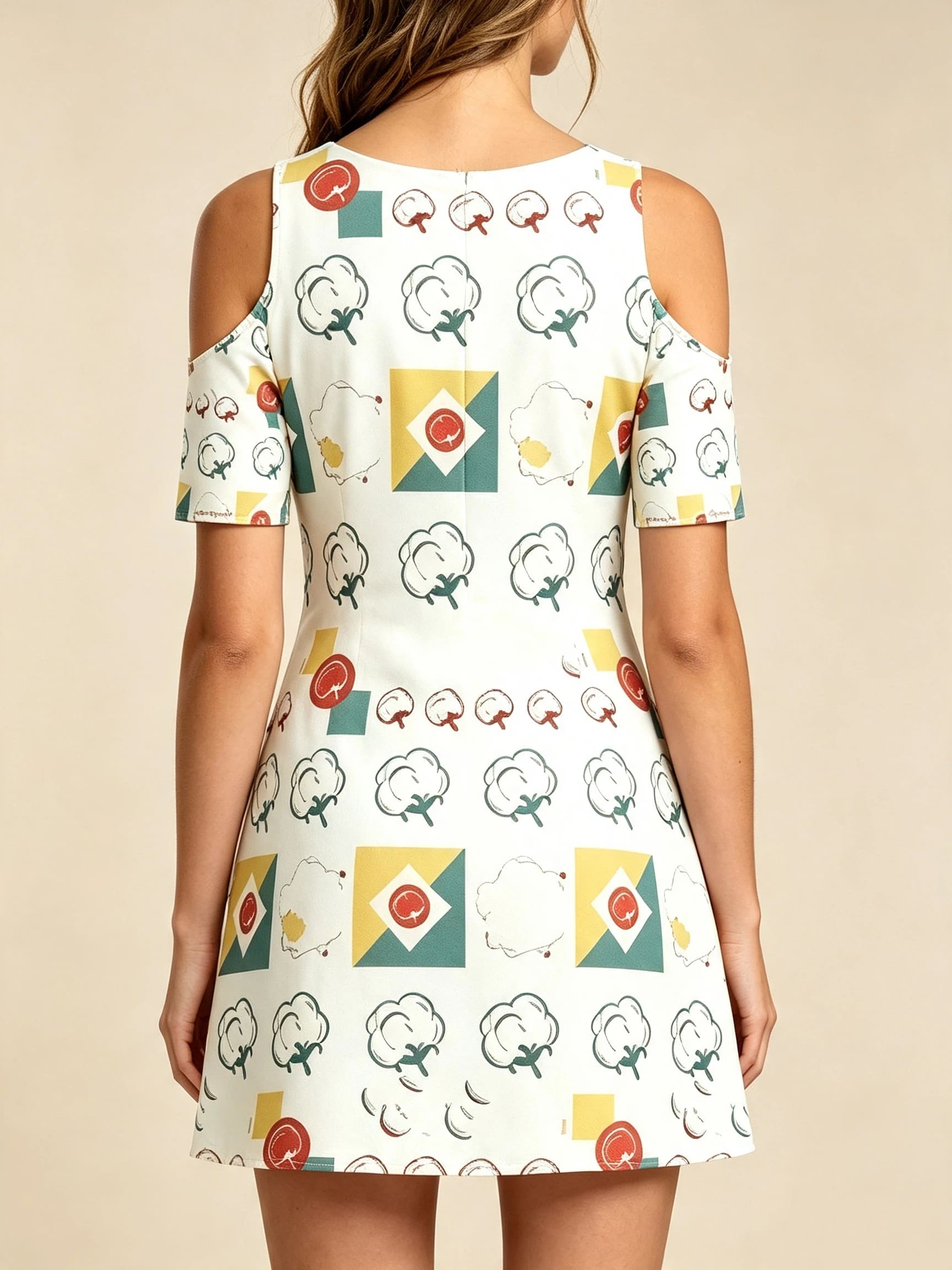 Women's White Multi-Color Print Cold Shoulder Mini Dress
