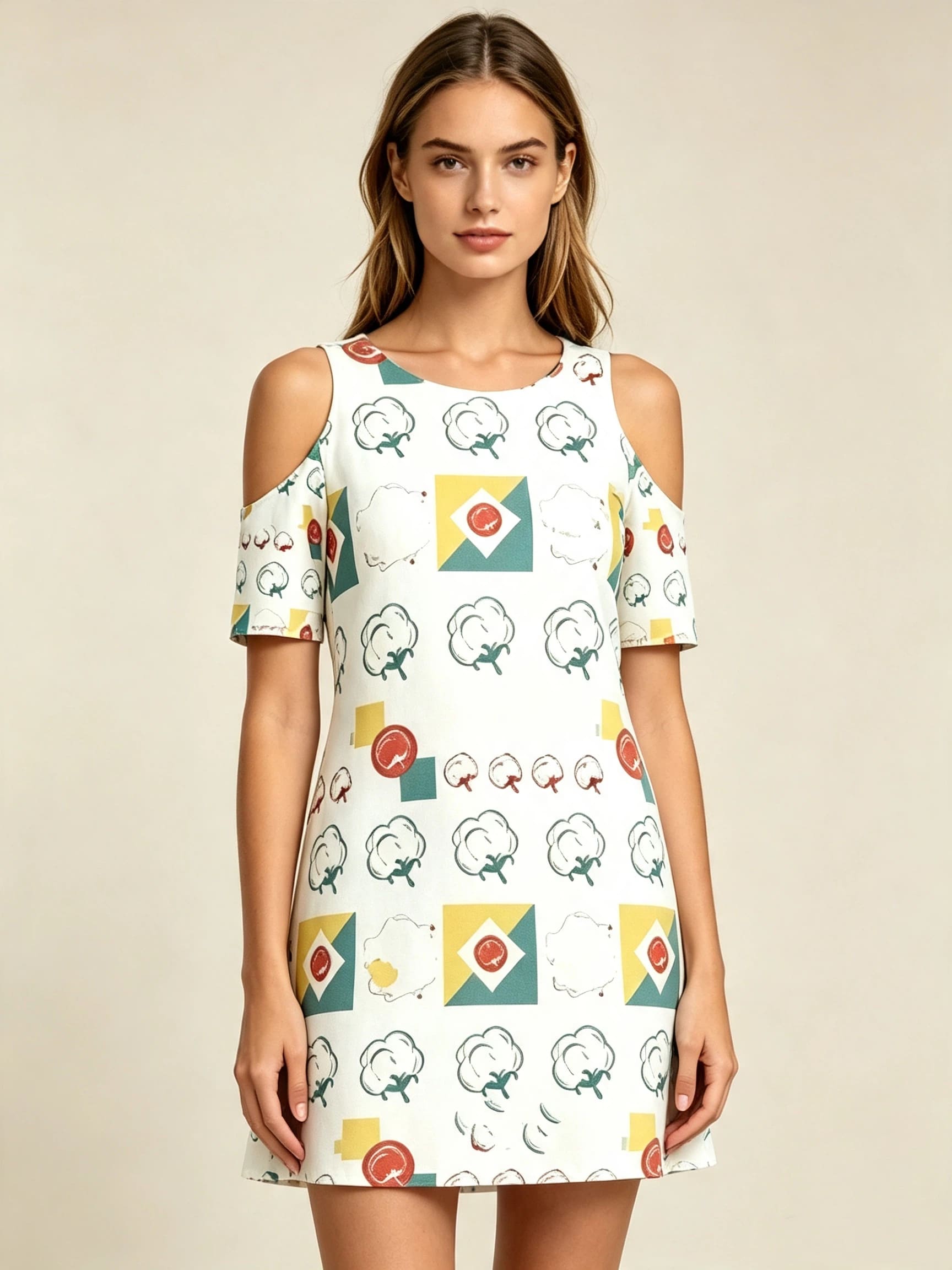 Women's White Multi-Color Print Cold Shoulder Mini Dress