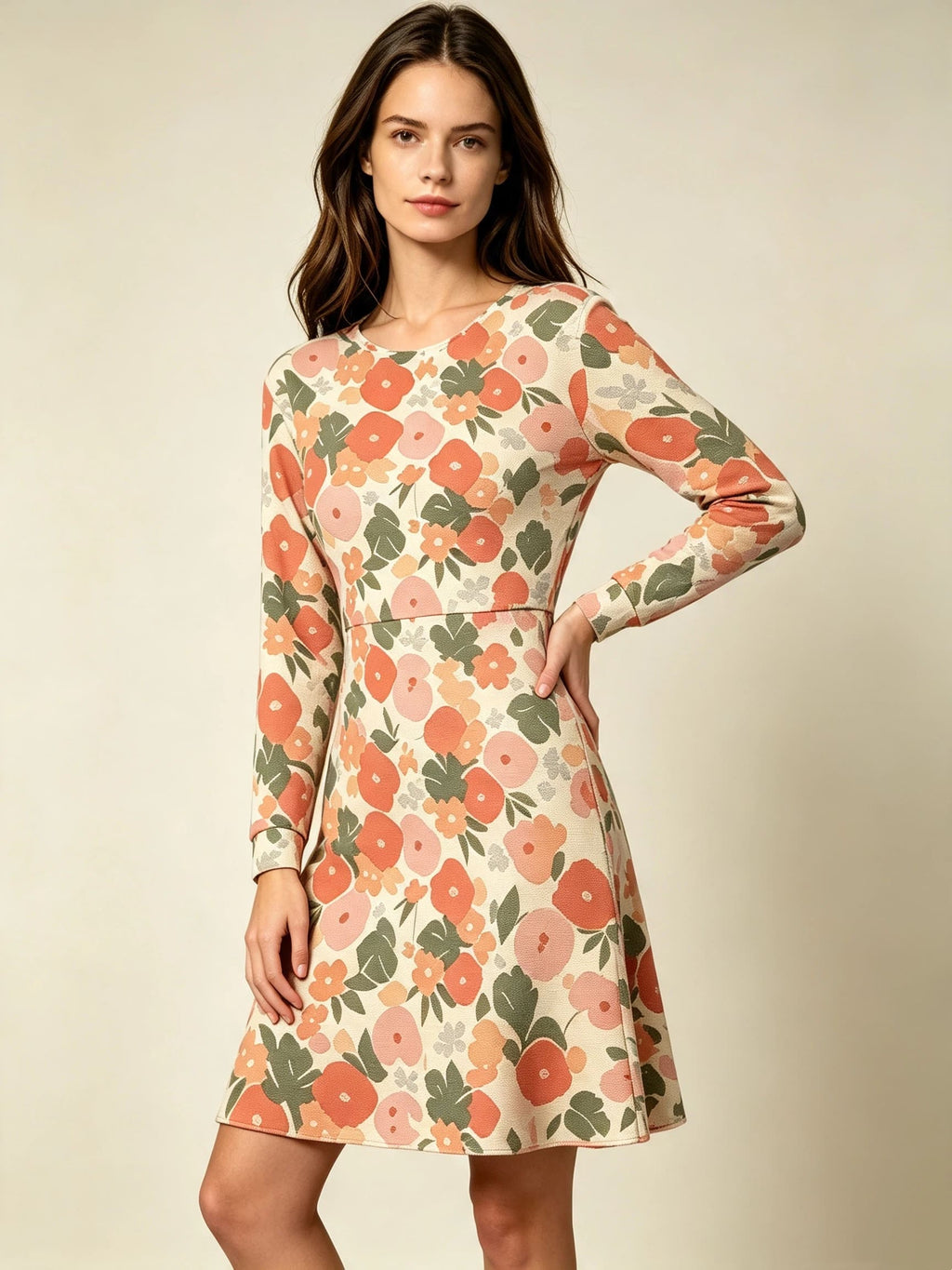 Women's Pink Floral Print Long Sleeve Dress Botanical Pattern Knee Length