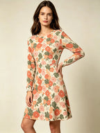 Women's Pink Floral Print Long Sleeve Dress Botanical Pattern Knee Length