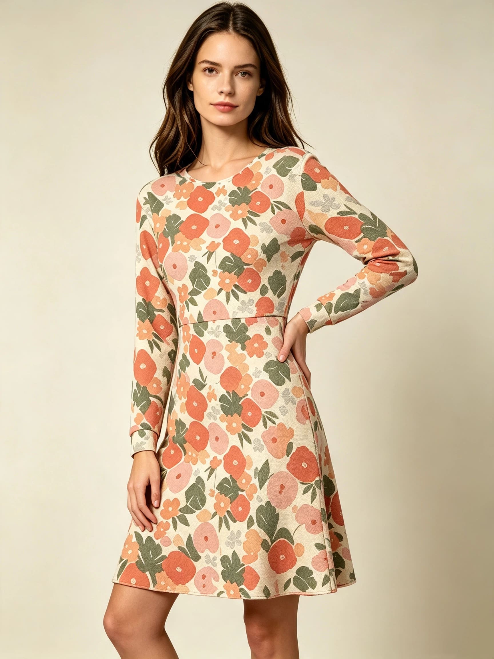 Women's Pink Floral Print Long Sleeve Dress Botanical Pattern Knee Length