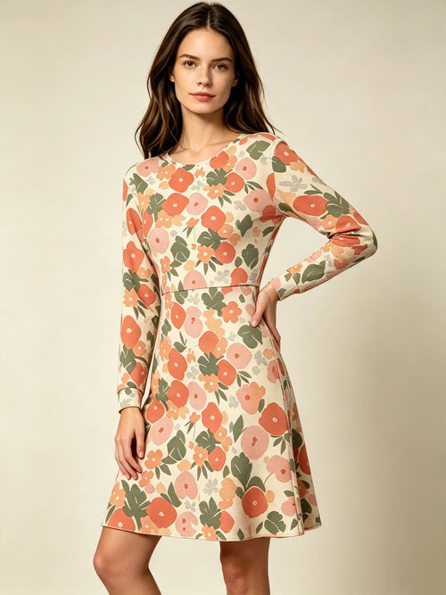 Women's Pink Floral Print Long Sleeve Dress Botanical Pattern Knee Length