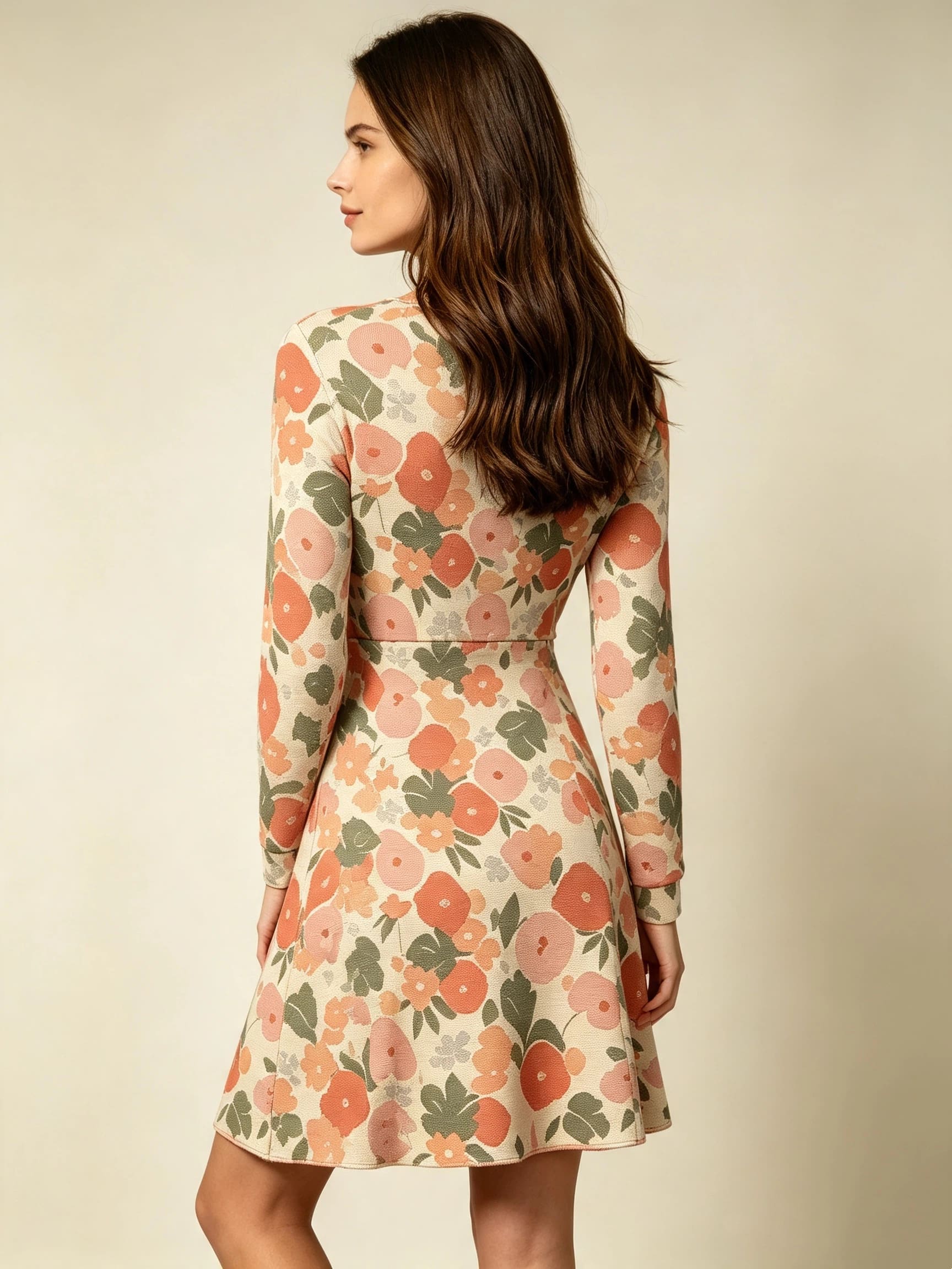 Women's Pink Floral Print Long Sleeve Dress Botanical Pattern Knee Length