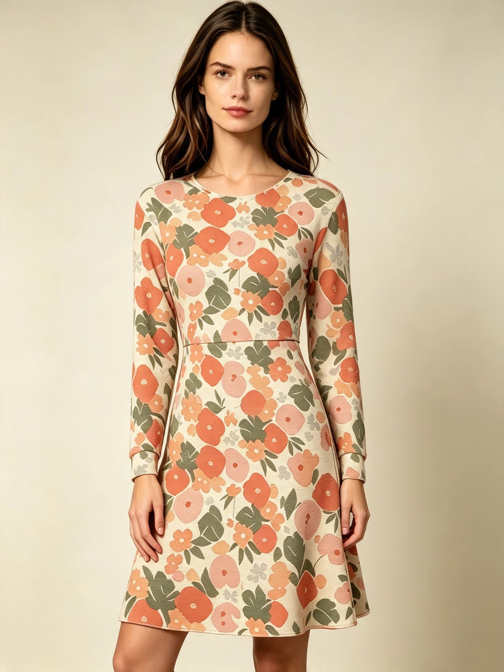 Women's Pink Floral Print Long Sleeve Dress Botanical Pattern Knee Length