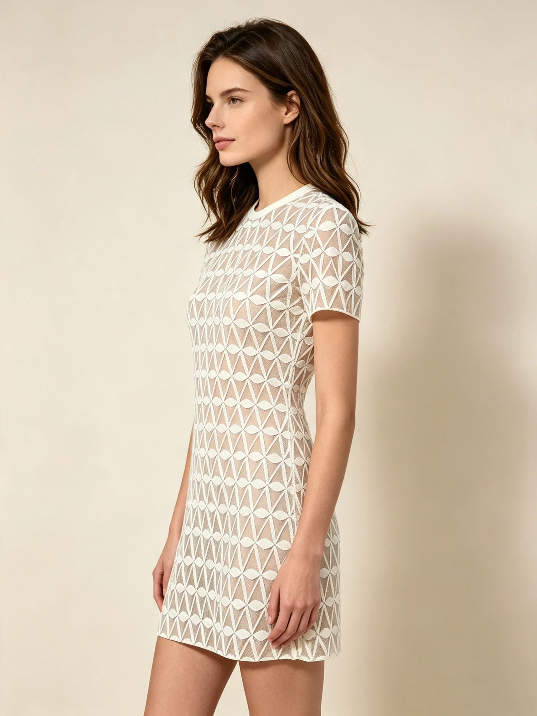 Women's Beige Geometric Triangle Print Short Sleeve Mini Dress