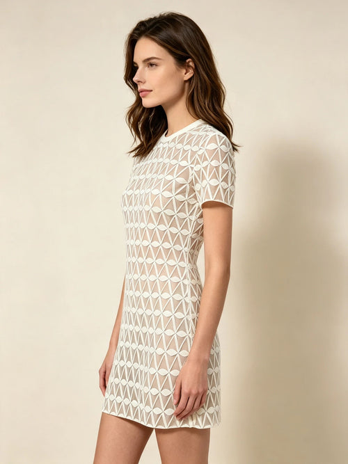 Women's Beige Geometric Triangle Print Short Sleeve Mini Dress