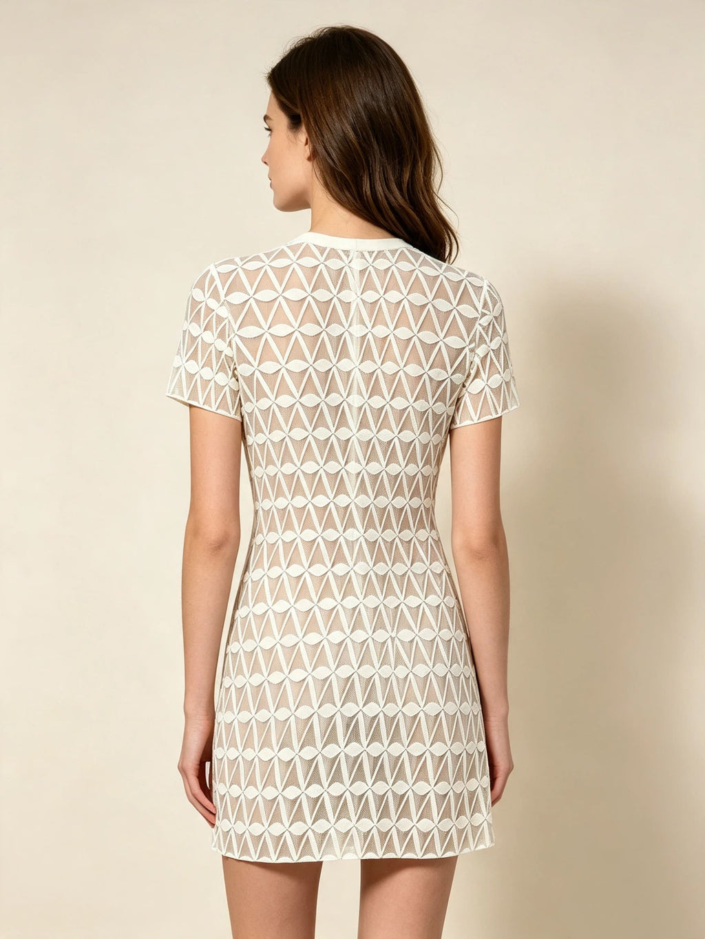 Women's Beige Geometric Triangle Print Short Sleeve Mini Dress