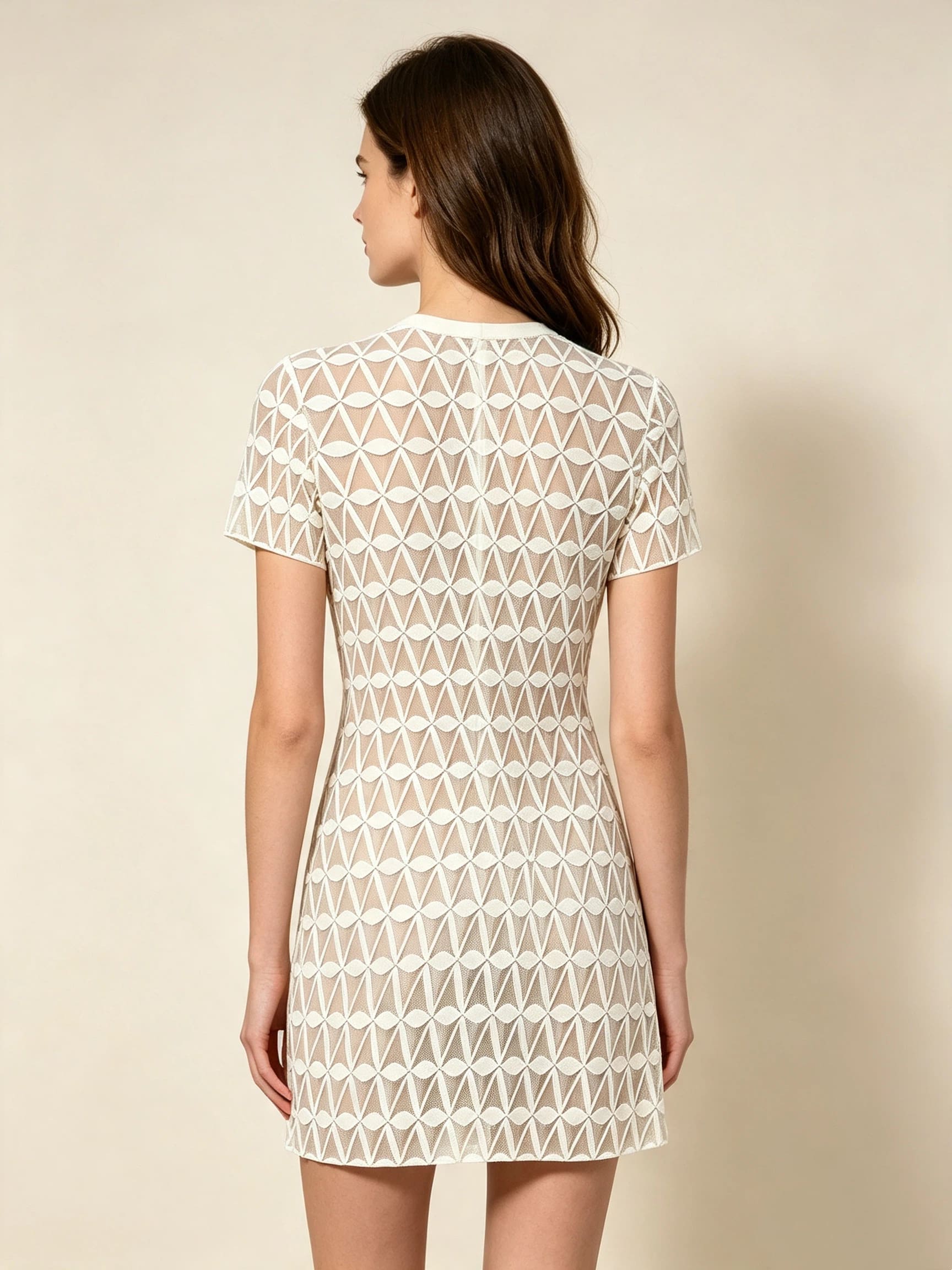 Women's Beige Geometric Triangle Print Short Sleeve Mini Dress
