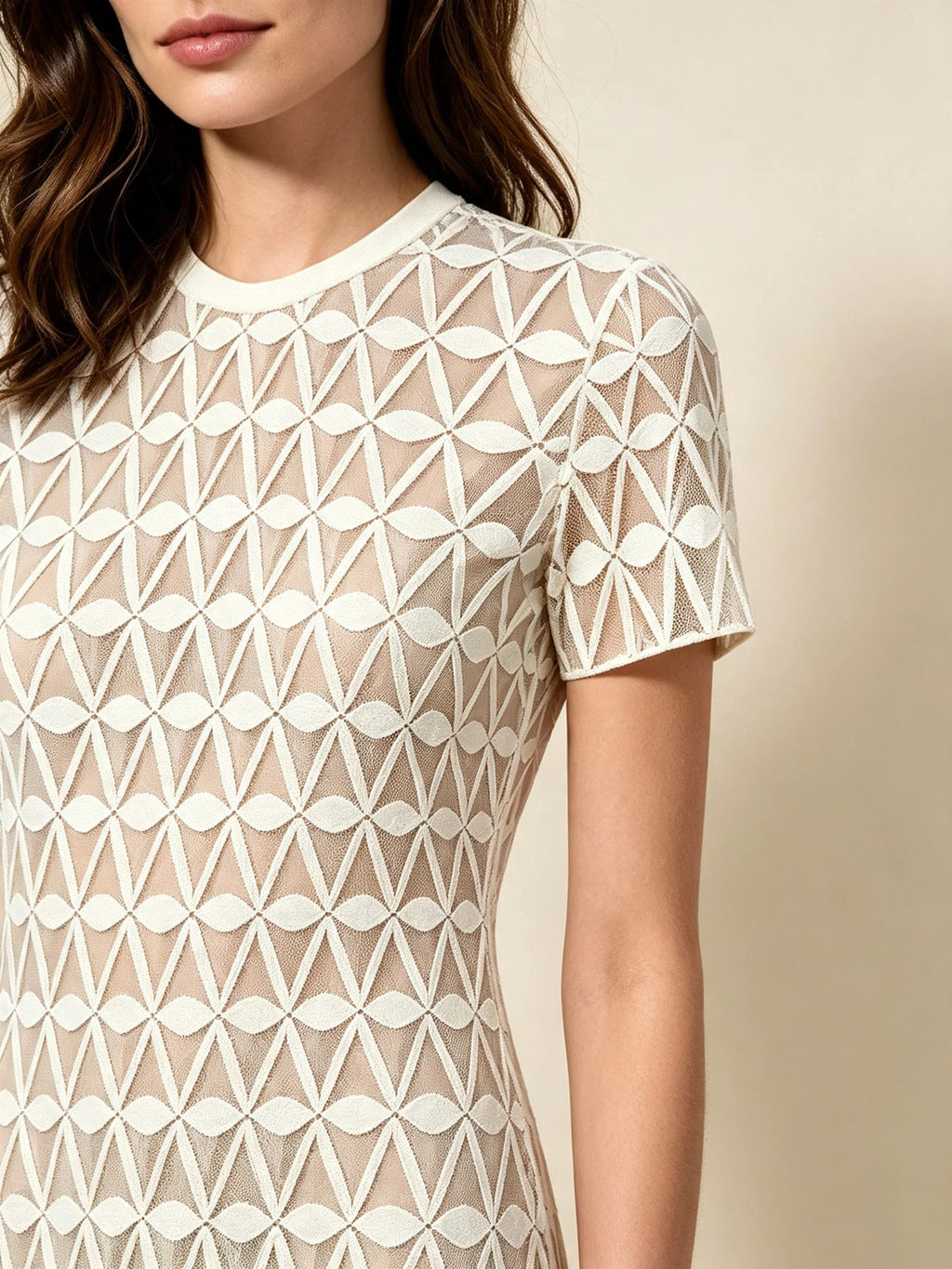 Women's Beige Geometric Triangle Print Short Sleeve Mini Dress