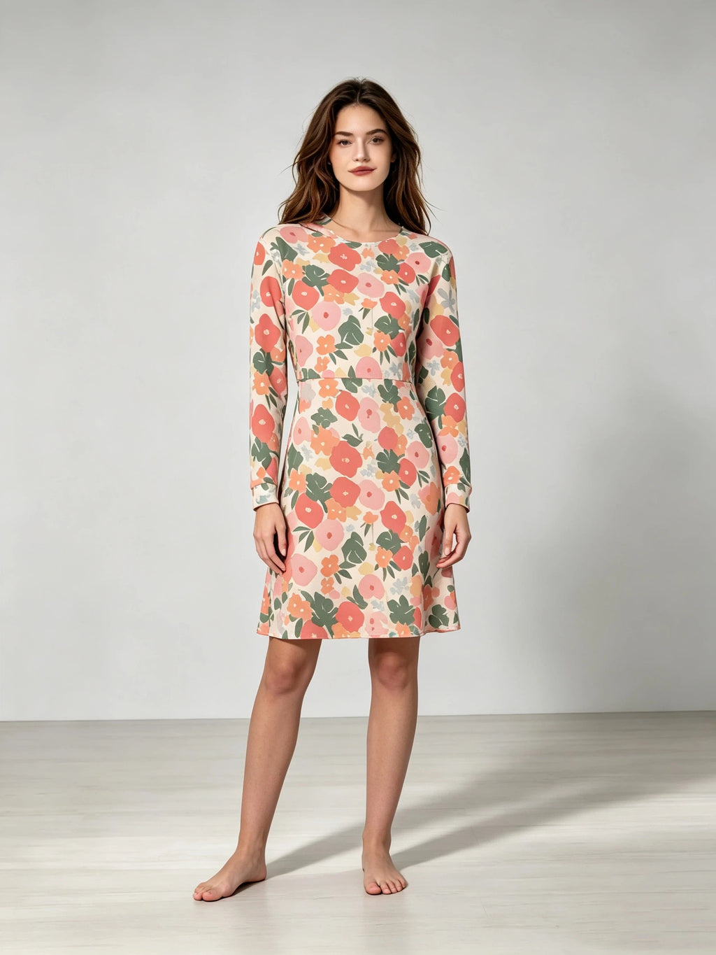 Women's Pink Floral Print Long Sleeve Dress Botanical Pattern Knee Length