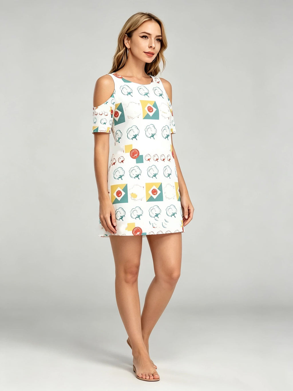 Women's White Multi-Color Print Cold Shoulder Mini Dress