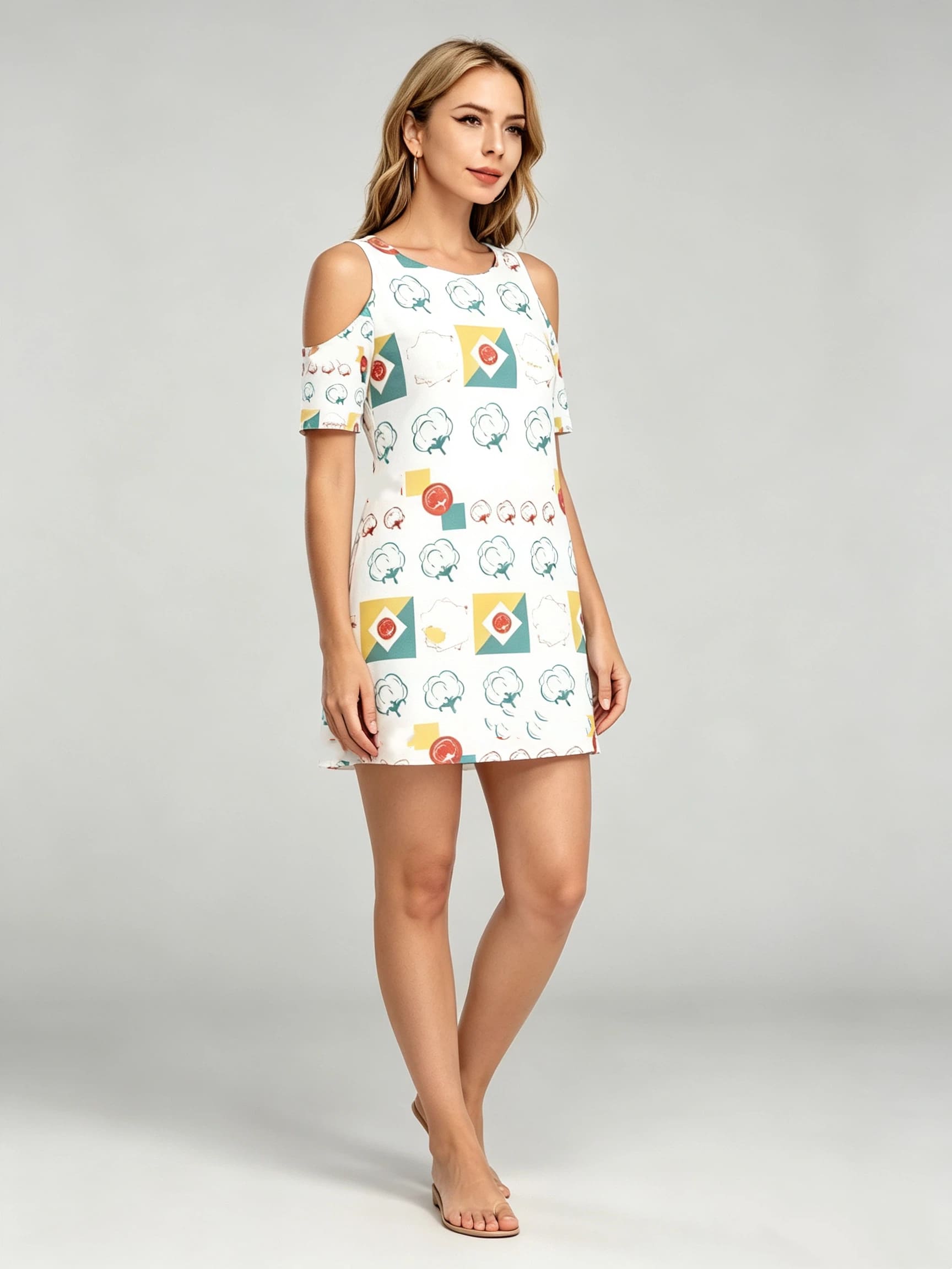 Women's White Multi-Color Print Cold Shoulder Mini Dress