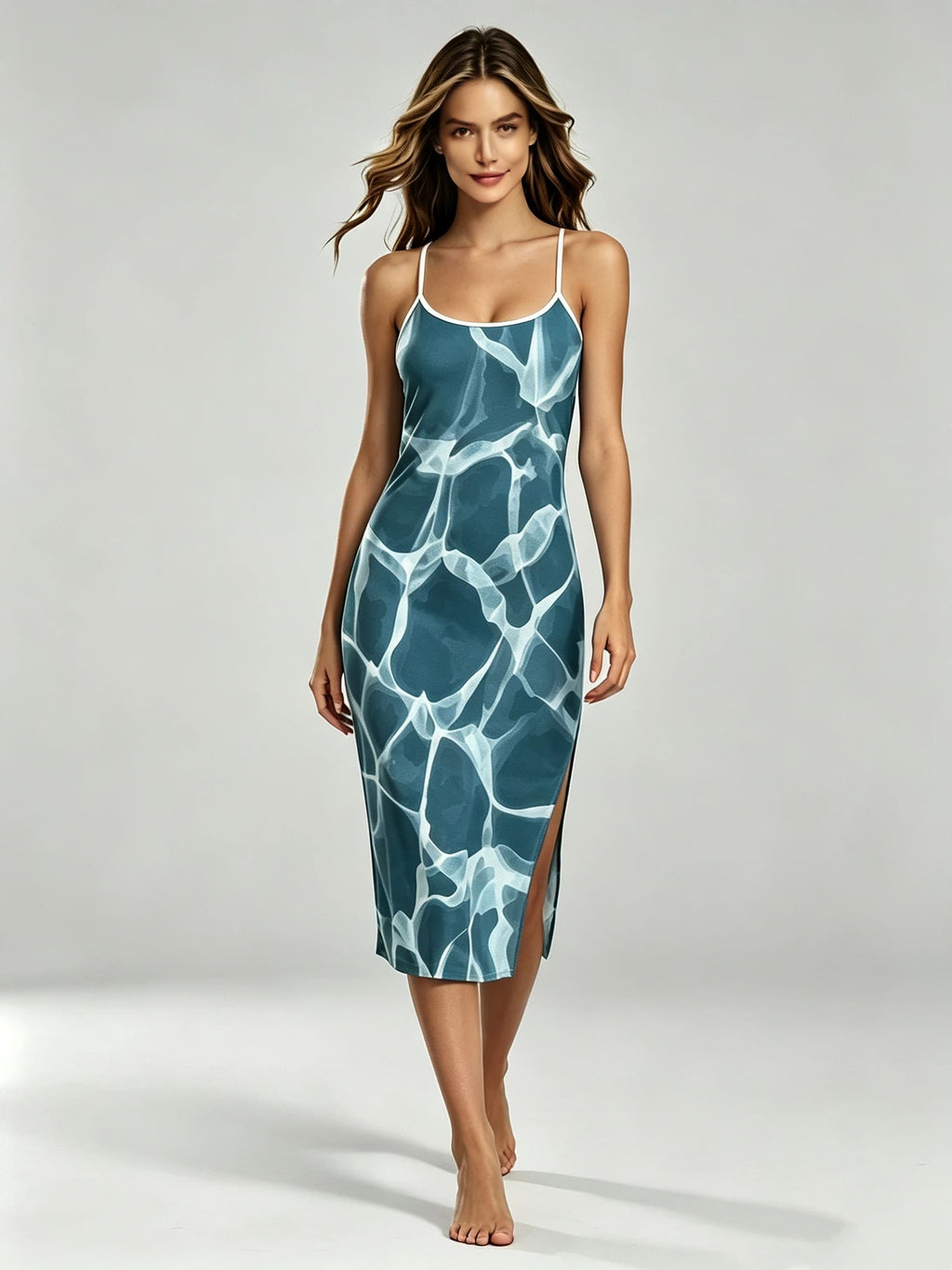 Women's Teal Abstract Water Ripple Print Midi Dress with Side Slit