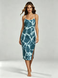 Women's Teal Abstract Water Ripple Print Midi Dress with Side Slit