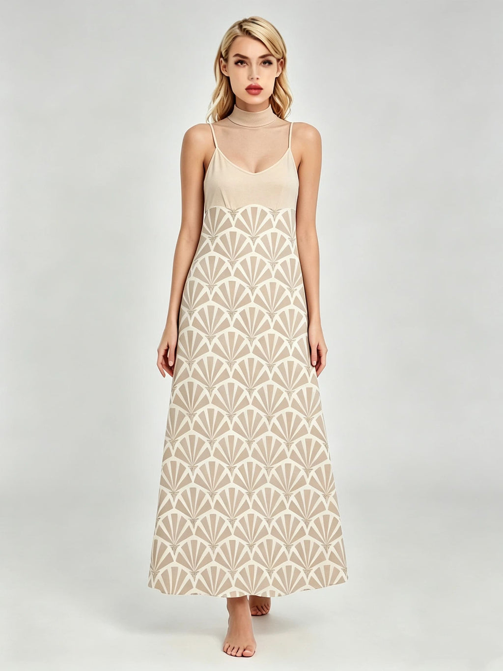 Women's Beige Fan Geometric Print Spaghetti Strap V-Neck Maxi Dress