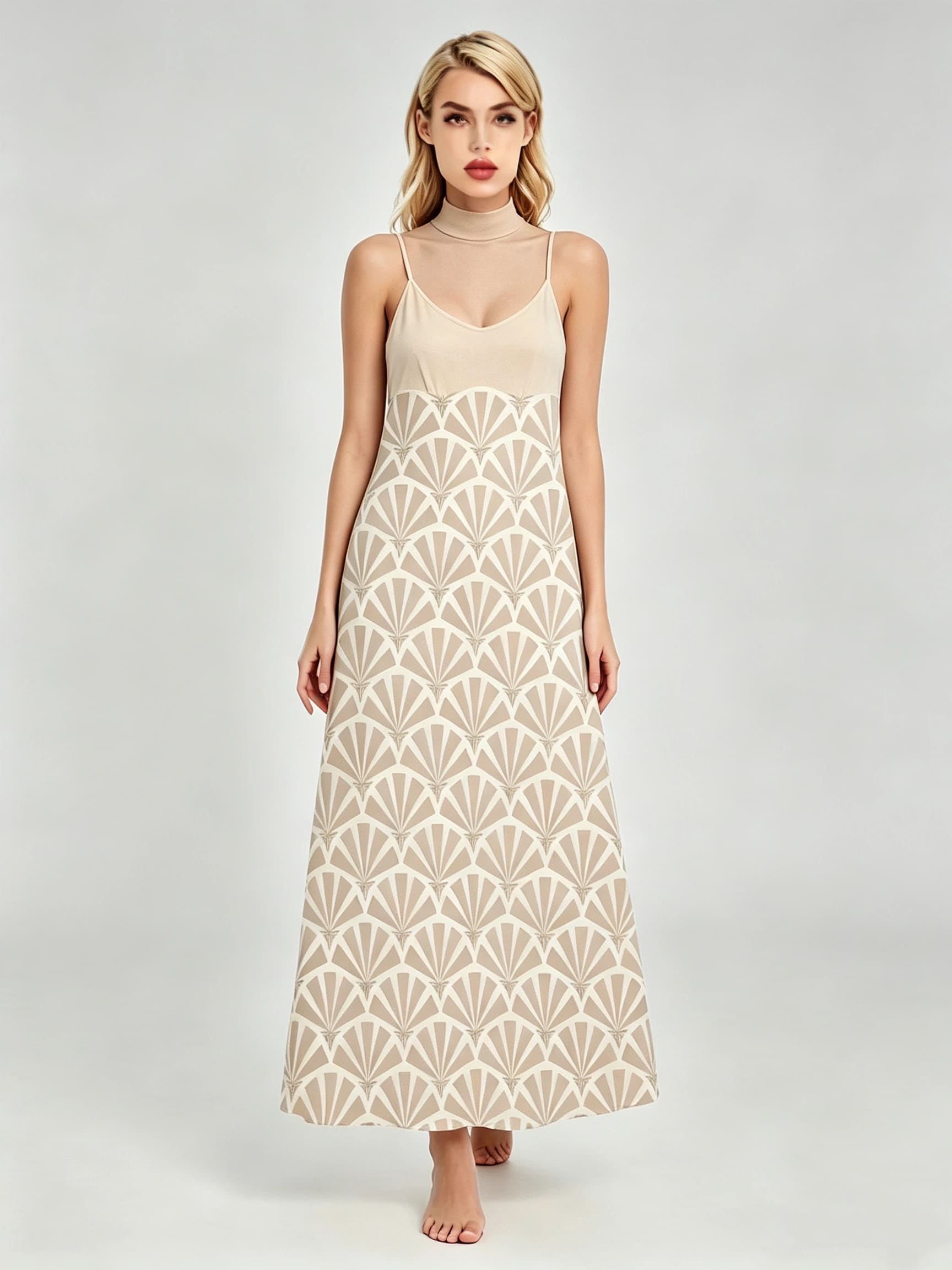 Women's Beige Fan Geometric Print Spaghetti Strap V-Neck Maxi Dress