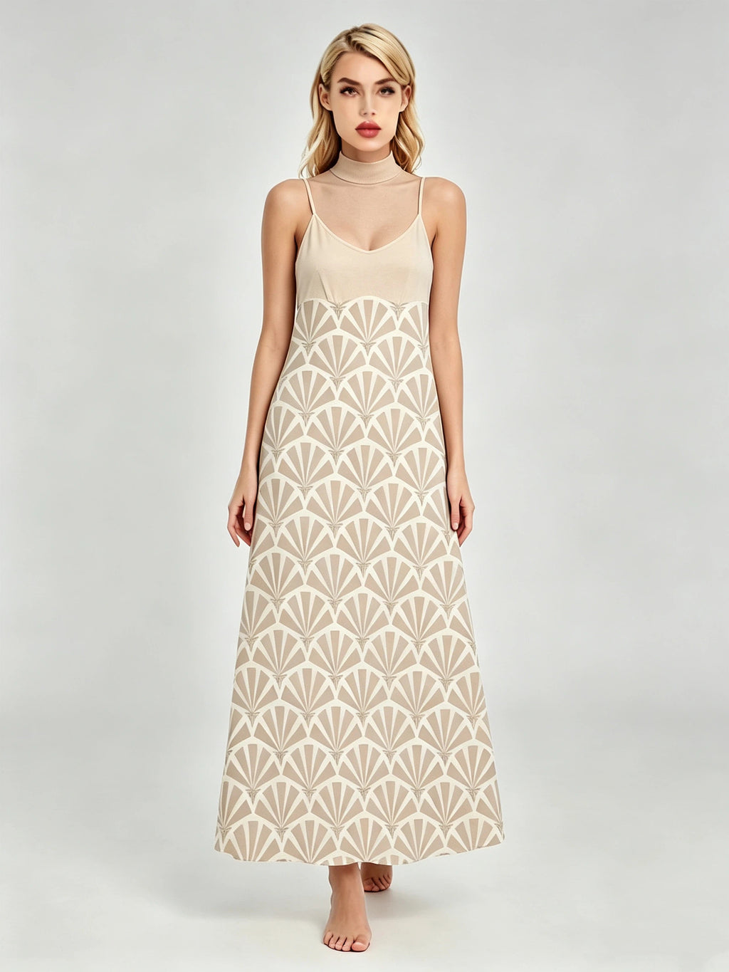 Women's Beige Fan Geometric Print Spaghetti Strap V-Neck Maxi Dress