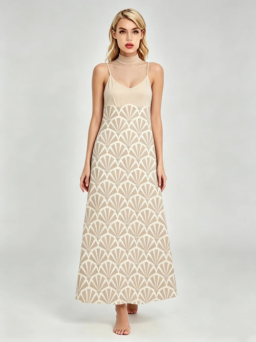 Women's Beige Fan Geometric Print Spaghetti Strap V-Neck Maxi Dress
