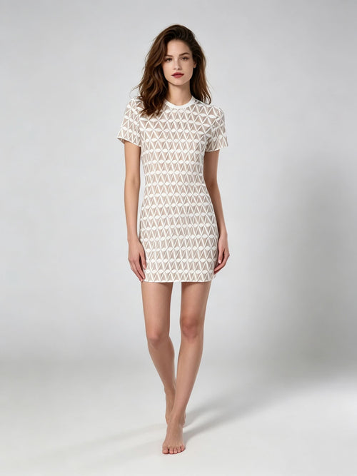 Women's Beige Geometric Triangle Print Short Sleeve Mini Dress