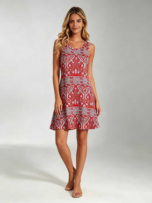Women's Red Paisley Print Sleeveless A-Line Mini Dress